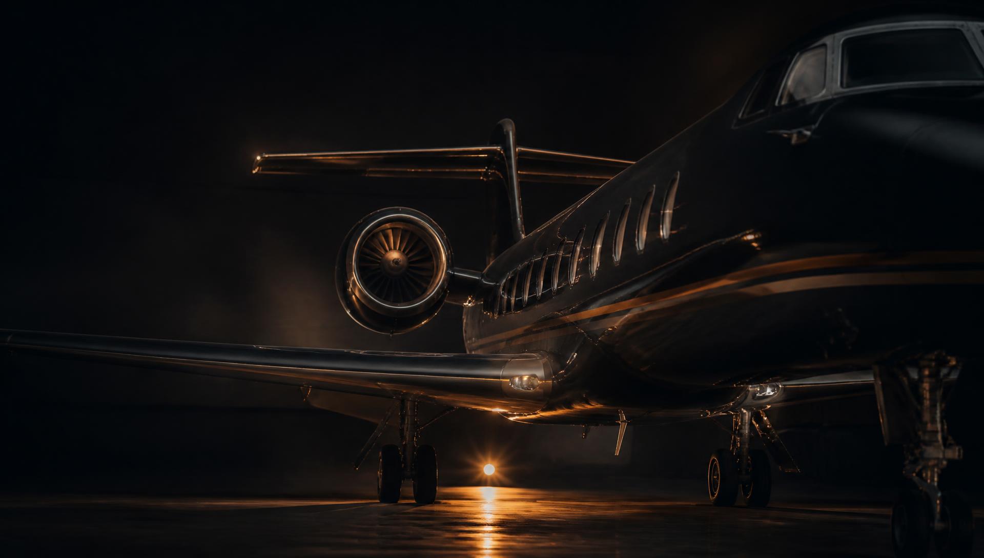 Aerospace jet in a dimly lit hangar